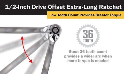 Half Inch Drive, 15 Inch Extra Long Offset Ratchet With 36-Tooth Reversible Mechanism, detailed tooth illustration with arrow