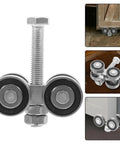 Heavy Duty Dual Bearing Sliding Door Pulley Roller In Tough Matte Black Steel For Butter Smooth Barn And Closet Hardware With Plug And Play V Track Wheel Caster Upgrade image showcasing dual wheel pulley with metallic finish.
