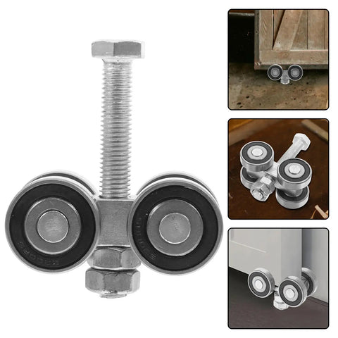 Heavy Duty Dual Bearing Sliding Door Pulley Roller In Tough Matte Black Steel For Butter Smooth Barn And Closet Hardware With Plug And Play V Track Wheel Caster Upgrade image showcasing dual wheel pulley with metallic finish.