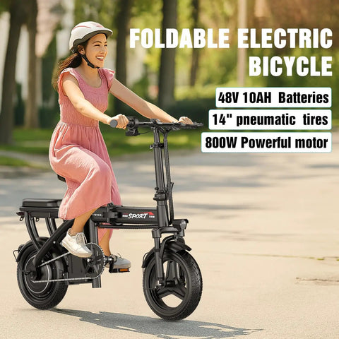 Woman riding Electric Folding Bike For Adults And Teens With 800W Peak Motor 22 MPH Top Speed 30 Mile Range on street