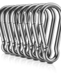 Built Tough No Rust 304 Stainless Steel Carabiner Clips 8 Pack 1360 Lb Capacity 2.36 Inch D Ring Snap Hooks aligned in a row