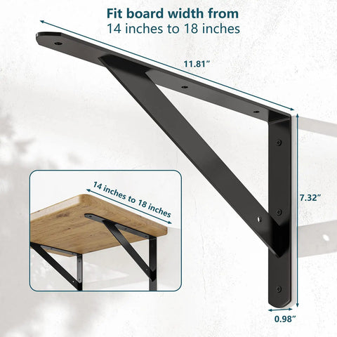 Rock Solid Heavy Duty Shelf Brackets 6 Pack Steel Wall Mount L Brackets 11.8 By 7.5 Inch showing dimensions for board fitting.