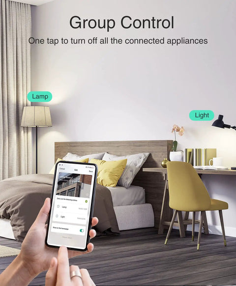 Person using phone to control smart devices with Mini WiFi Smart Plug That Works With Alexa And Google Home No Hub Needed Schedule Timers Power On Off Remotely Via App Voice Control ETL FCC Listed Compact White Outlet