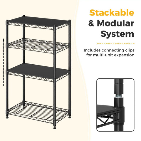 Beefy 4 Tier Wire Storage Shelves With 200 Lbs Per Shelf Capacity, Heavy Duty Steel Rack With Black Finish For Kitchen, Garage, Pantry, And Workshop Organization, stackable modular black steel rack