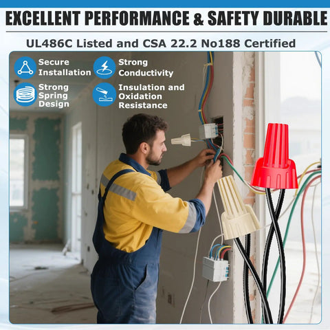 Electrician using Heavy Duty Beefy Winged Tan Wire Nut Kit 1200 Pcs For 12 Gauge To 22-8 AWG Quick Twist On Connectors