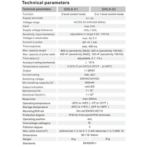 Technical specifications of Liquid Level Controller with Timer Relay for Pumps showing GRL8-01 and GRL8-02 models parameters.