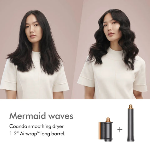 Side-by-side comparison of straight and wavy hair using Airwrap Multi-Styler All-In-One Long Straight to Wavy Hair No Heat Damage 6-In-1.