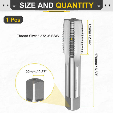 Hand Taper Tap 1-1/2 Inch 6 BSW Right Hand Taper Style Tap For Precision Threading In Steel High Speed Steel HSS With Straight Flute And 2B Accuracy Machinist Grade shown with dimensions