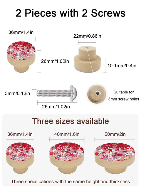 Killer Red Abstract Painted Wooden Cabinet Knobs 2 Piece Set 1.4 Inch Round Drawer Pulls For Kitchen Cabinets with sizes and screws.