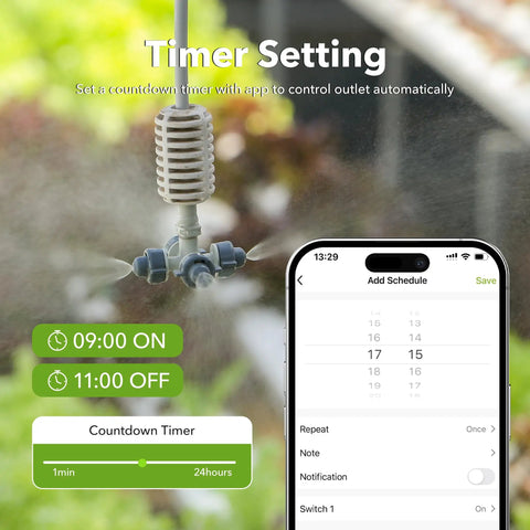 Outdoor Smart WiFi Plug With Heavy Duty Timer And Grounded Outlet app interface showing timer settings