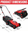 Cordless 20V 13 Inch Brushless Electric Lawn Mower dimensions with 4 position height adjustment and 8 gallon grass bag.