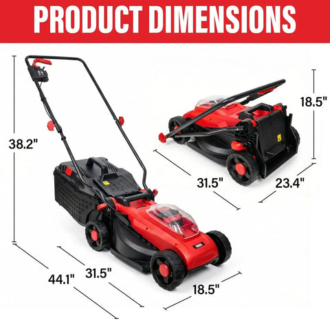 Cordless 20V 13 Inch Brushless Electric Lawn Mower dimensions with 4 position height adjustment and 8 gallon grass bag.