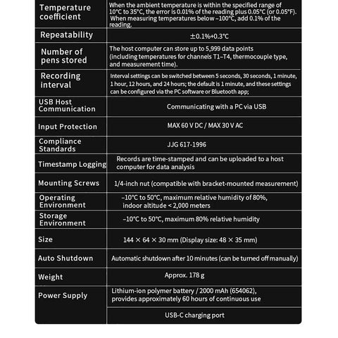 Heavy Duty 4 Channel Digital Thermometer With K And J Type Thermocouple Input, Slick 5999 Point Data Logger close-up with specs.