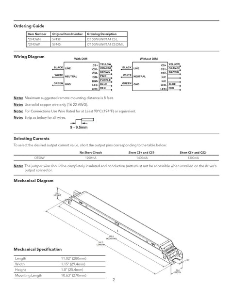 Wiring and mechanical diagram for Pack Of 5 50W Constant Current LED Driver For Non Dimmable Lighting Universal 120-277V AC Input 20-36V DC Output Current Select 1200mA 1300mA 1400mA UNV Replacement Compatible With Osram 57439