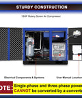 Internal view of Heavy Duty 15 HP Rotary Screw Air Compressor, 56 CFM At 125 PSI, 230V 3 Phase, showing components and user manual slot