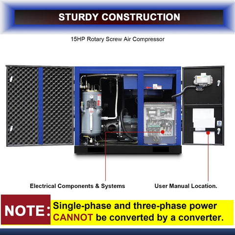 Ateupom 15HP Rotary Screw Air Compressor delivers a solid 56 CFM At 125 PSI With 230V 3 Phase Power. This Heavy Duty Unit Boasts Low Noise At Just 62 dB And Continuous Duty Operation For Industrial Workshops And Factories. Steel Construction Ensures