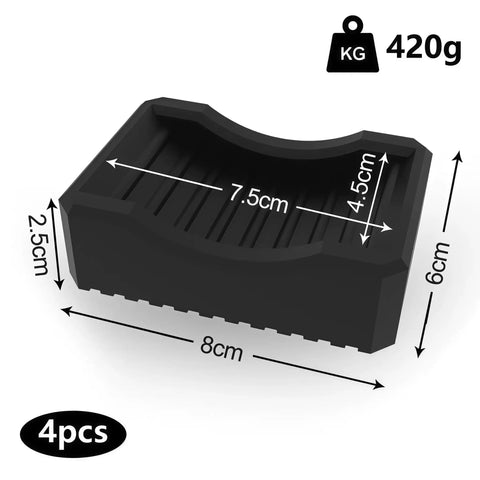 Black Anti Slip Caster Cups For Furniture And BBQ Grills, stackable silicone non slip pads in 4 pack with dimensions and weight.