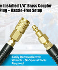 Heavy Duty 25Ft 1/4 Inch Polyurethane Air Hose With Braided Reinforcement, featuring quick connect fittings close-up.