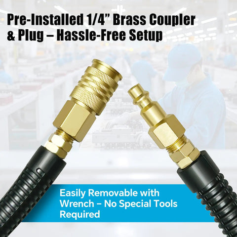 Heavy Duty 25Ft 1/4 Inch Polyurethane Air Hose With Braided Reinforcement, featuring quick connect fittings close-up.