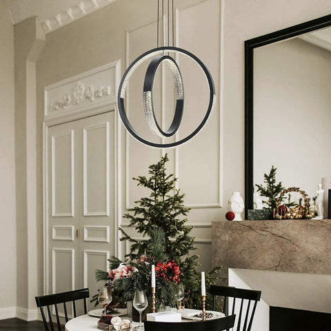 Dining room with Modern LED Chandelier With Dimmable Remote Control, Acrylic Crystal Ring Pendant Light, Two Ring Design For Dining Room
