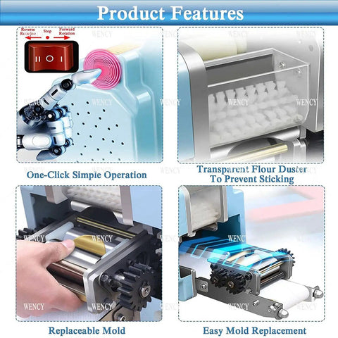 Hella Fast Automatic Dumpling Skin Maker Whips Up Ravioli Sheets And Pasta Dough Presser featuring one-click operation and transparent flour duster.