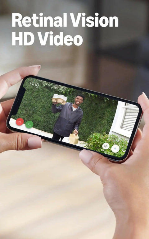 Person holding smartphone displaying Top Shelf Hardwired Video Doorbell Camera With Flawless 1080p Hd Streaming Two Way Audio.