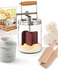 Hand Crank Butter Churner Mason Jar With Ceramic Crocks And Super Easy Old Fashioned Creamery Kit including jar, ceramic crock, butter, and wooden paddles.
