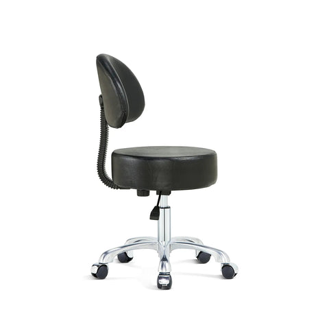 Swivel Rolling Stool With Thick Cushioned Pad, 360 Degree Adjustable Height Office Chair On Quiet Casters For Docs, Medical Clinics, Massage Studios, Spas, Shops And Home Use With Back Rest Black, side view.