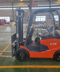 Side view of Electric Forklift A20 4,400 Lb Capacity, 118 Inch Lift Height in warehouse setting