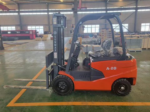 Side view of Electric Forklift A20 4,400 Lb Capacity, 118 Inch Lift Height in warehouse setting