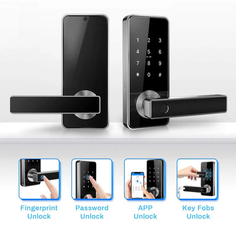 Front and side view of 5 In 1 Smart Lever Door Lock With Keypad Biometric Fingerprint Bluetooth App RFID Card And Mechanical Key Keyless Entry