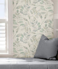 Fable Leaf Peel And Stick Wallpaper In White And Off White Floral Peelable Wall Covering in cozy home nook setting