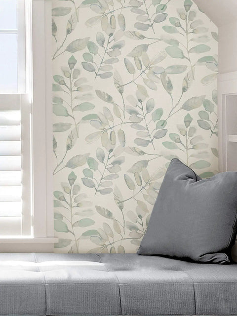 Fable Leaf Peel And Stick Wallpaper In White And Off White Floral Peelable Wall Covering in cozy home nook setting