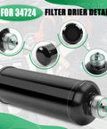 AC Recycling Filter Drier Spin On Filter Replacement For 34724 And Compatible With Refrigerant Recovery Machines, black unit