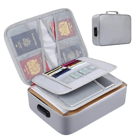 Fireproof And Waterproof Lockable Document Organizer Bag For Home Office And Travel On The Go With Multi Layer Storage 4 Passport Slots 16 Card Slots 4 USB Pockets 7 Folder Sections And A Main Pocket