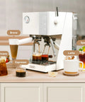OPV Espresso Machine With Milk Frother Steam Wand, 20 Bar Max Pressure, Dual Display, 58mm Portafilter, Stainless Steel White Finish