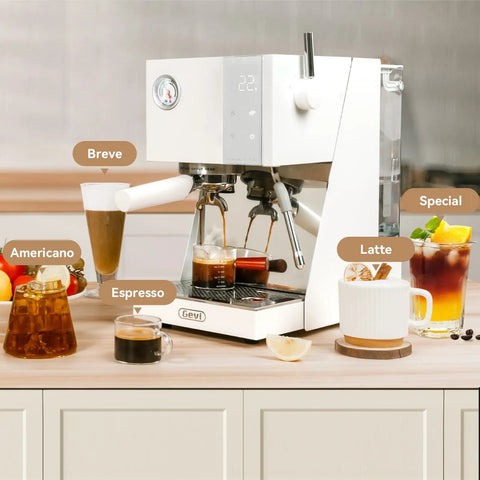 OPV Espresso Machine With Milk Frother Steam Wand, 20 Bar Max Pressure, Dual Display, 58mm Portafilter, Stainless Steel White Finish