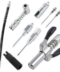 Grease gun with chrome fittings and hose, plus 90-degree coupler, needle nozzles, and filler nozzle.