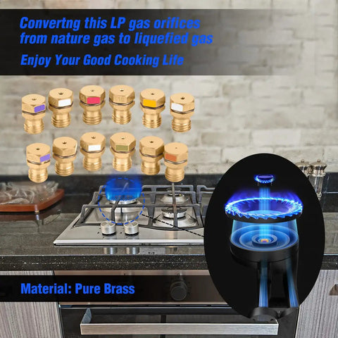 LP Gas Conversion Kit For Gas Ranges And Stovetops, Propane Orifice Set, 12 Brass Parts With Instructions on stovetop