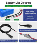 5600mAh 12V Lithium Battery Pack With Charger And Bare Leads For 12V Devices RC Cars LED Strips DIY Projects Electronic Organ Optical Network Unit And CCTV Cameras, showing connectors and cables close-up
