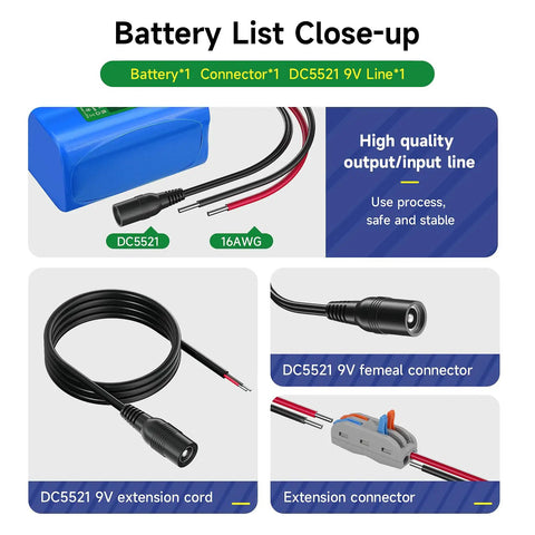 5600mAh 12V Lithium Battery Pack With Charger And Bare Leads For 12V Devices RC Cars LED Strips DIY Projects Electronic Organ Optical Network Unit And CCTV Cameras, showing connectors and cables close-up