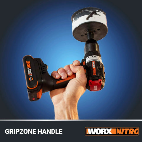 Nitro 20V Cordless Drill Driver With Brushless Motor Ultra Compact And Lightweight Only Six Inches Long And About Three Pounds Power Share Compatible Tool Only Half Inch Chuck Delivers Up To Five Hundred Inch Pounds Of Torque And Zero To Two Thousand One shown in hand with gripzone handle