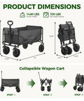 Collapsible Wagon Cart with Lockable Brakes dimensions and folding steps; 330 lb capacity, all terrain wheels, gray.