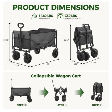 Collapsible Utility Wagon 102L Storage, Heavy Duty Folding Cart With Lockable Brakes, 330 lbs Capacity, Gray dimensions and folding steps