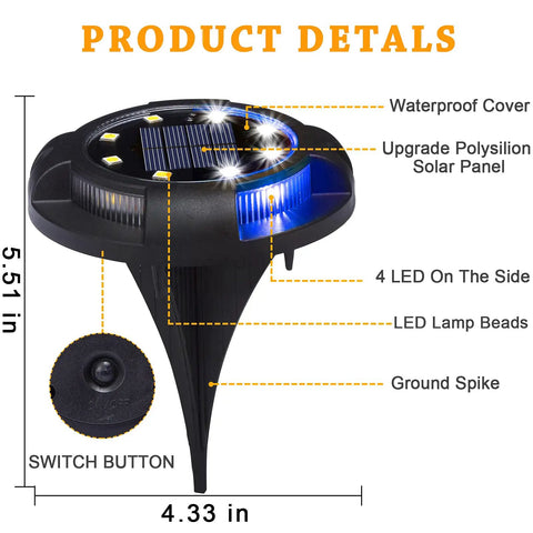 12 Pack Outdoor Solar Lights Waterproof Landscape Pathway Garden Lights with ground disk design, solar panel, and LEDs