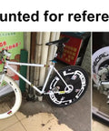 Mounted 28T Fixed Gear Bicycle Sprocket With Brake Disc Mount on white bike, showcasing bike setup with two close-up views.