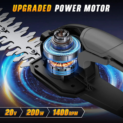 Close-up of upgraded power motor for Two In One Cordless Hedge Trimmer And Grass Shear Works With DeWalt 20V Max Batteries.