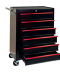 Heavy Duty Rollin Tool Chest With Six Slick Ball Bearing Glides And Scratch Proof Steel Worktop Featuring Locked Swivel Casters For Easy Shop Or Job Site Haulin In Tough Black Powder Coat, with five drawers and a handle.