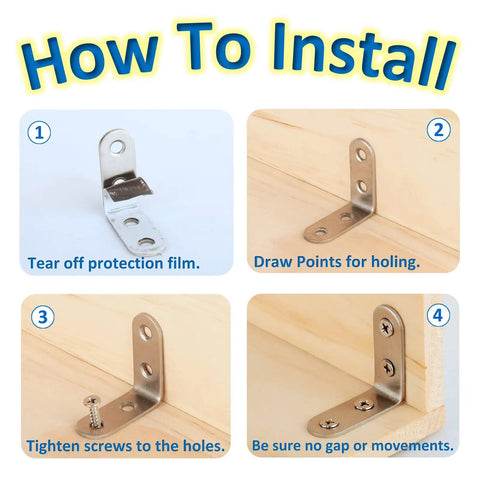 Installation steps for 16 Piece L Bracket Set For 90 Degree Right Angle Shelves Stainless Steel Furniture Anchors with screws