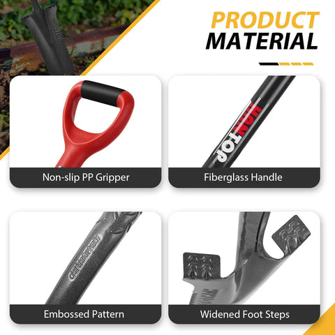 Deep Digging Spade For Garden And Yard Work Narrow Shovel With Serrated Edge For Easy Root Cutting features and materials.